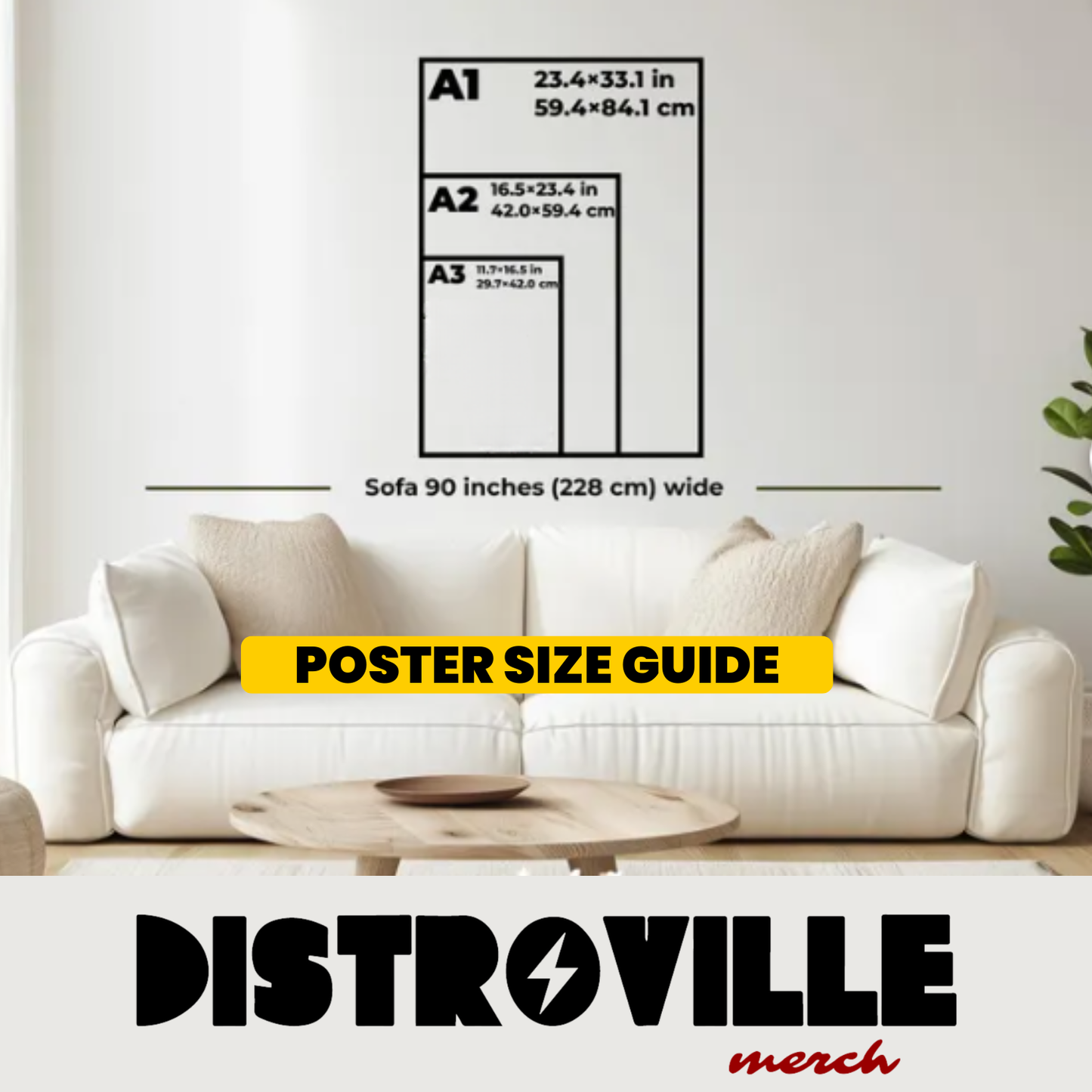 Poster size guide for Distroville merchandise displayed in a living room setting.