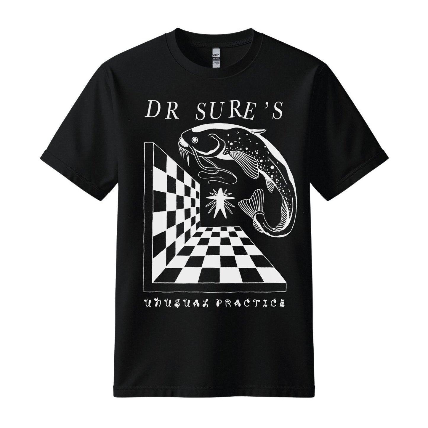 dr sure's unusual practices black t-shirt white fish design