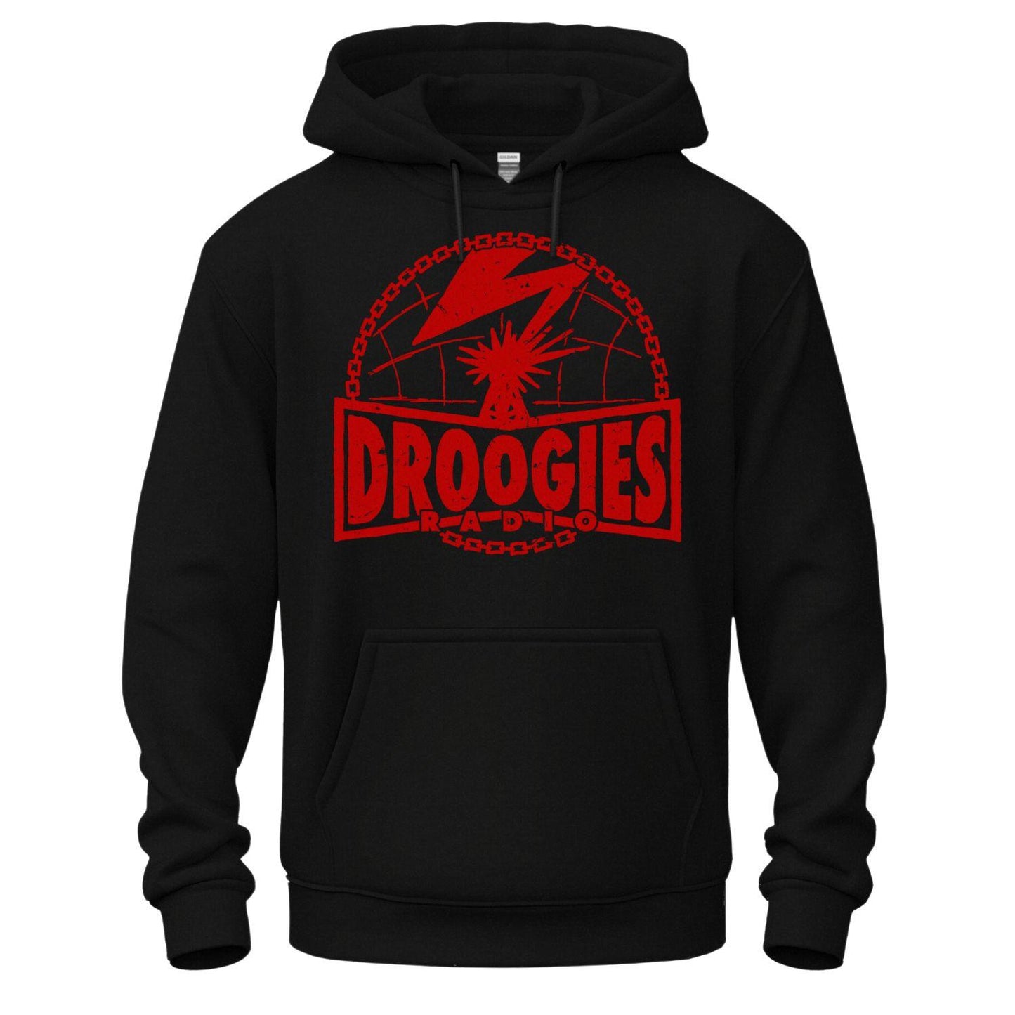 droogies radio black hoodie red design