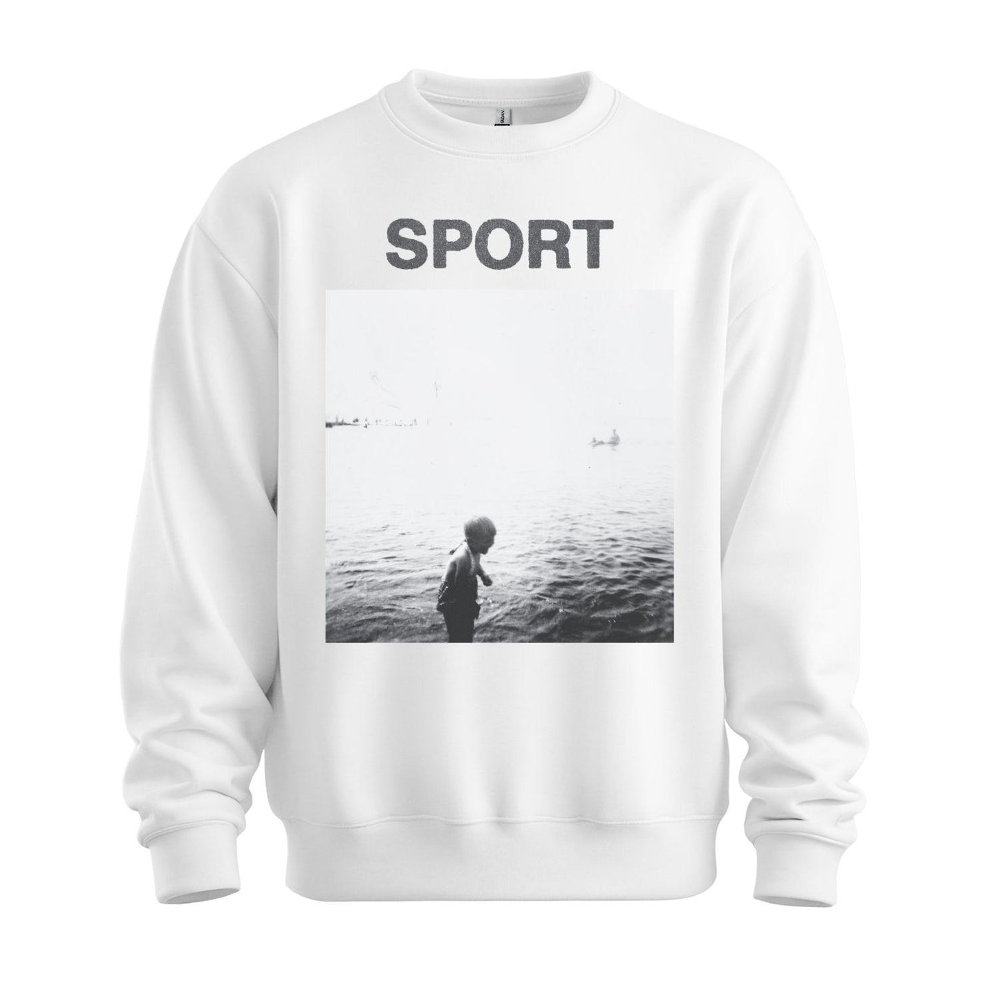 sport white sweatshirt kid on the beach