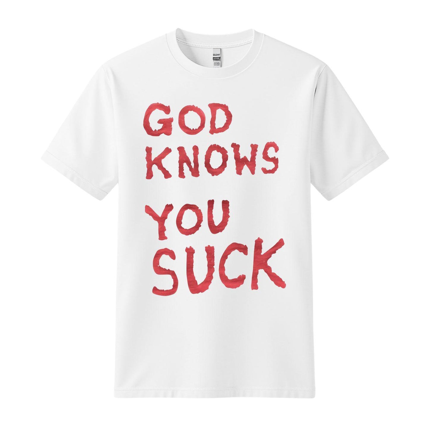 the cult of one white t-shirt god knows you suck
