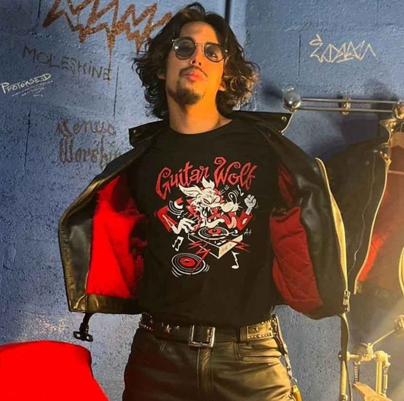 man with printed t-shirt black white and red color, printed by Distroville