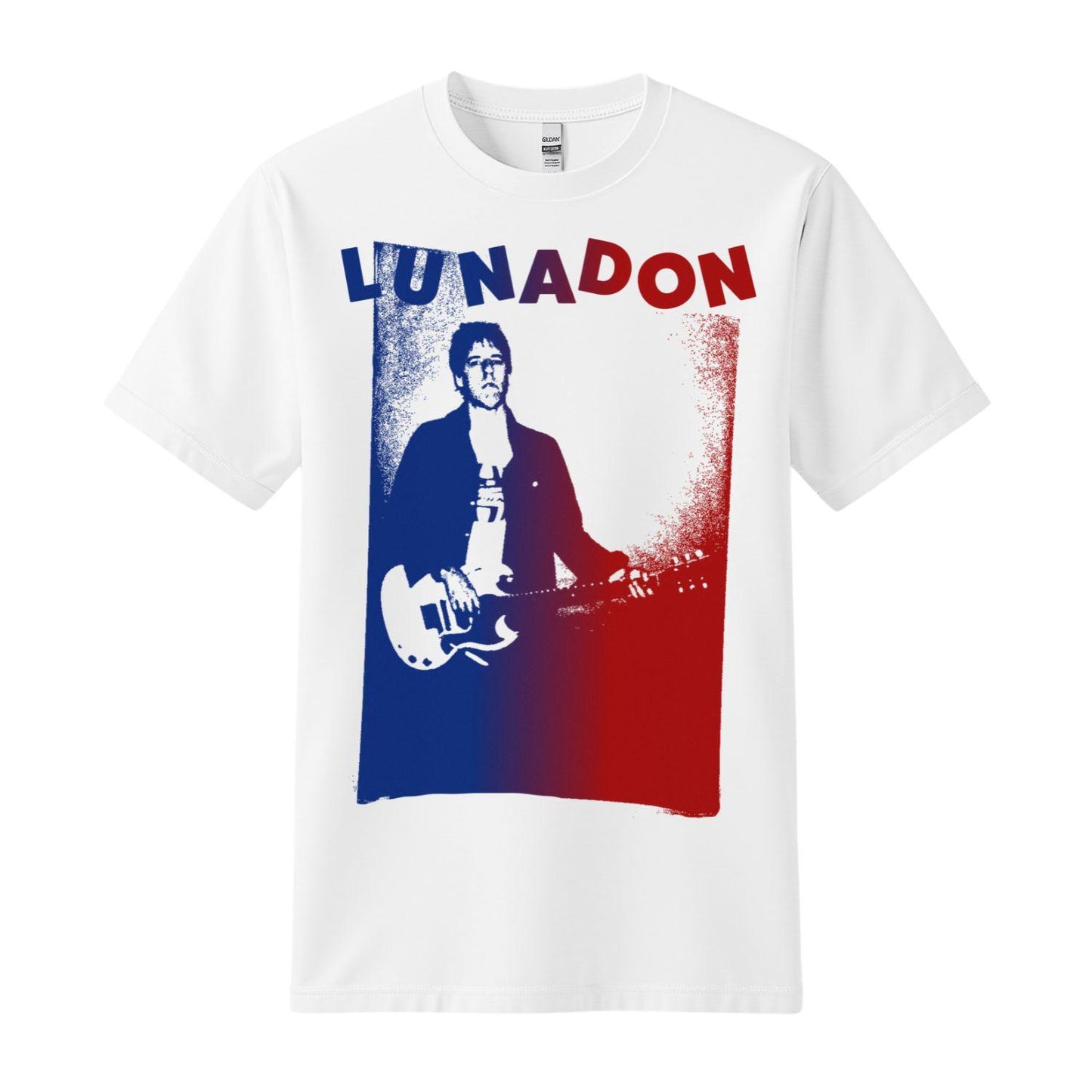 dion lunadon white t-shirt blue and red design