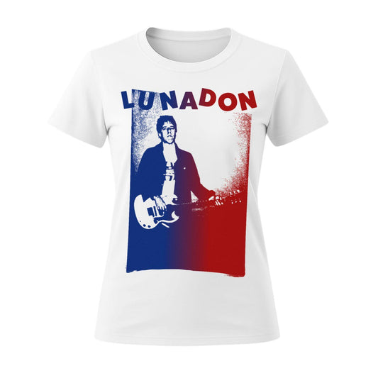 dion lunadon white t-shirt women red and blue design