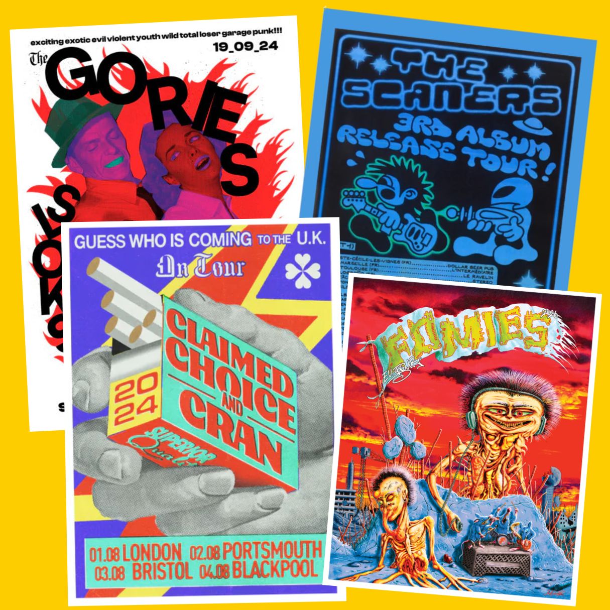 Collection of colorful album and tour posters on a yellow background
