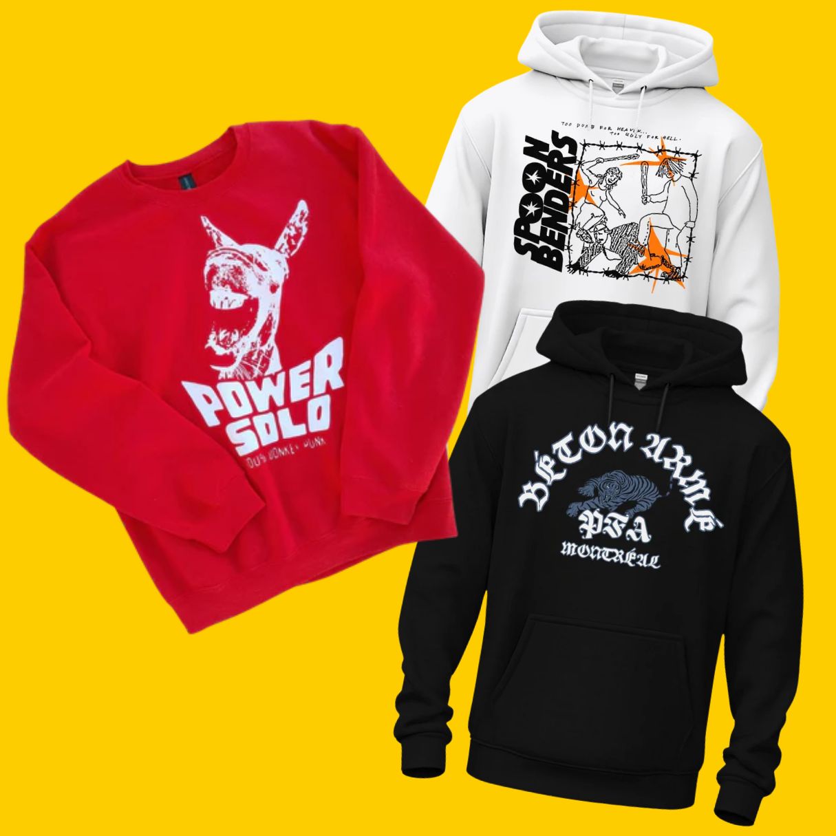 Three hoodies in red, white, and black on a yellow background