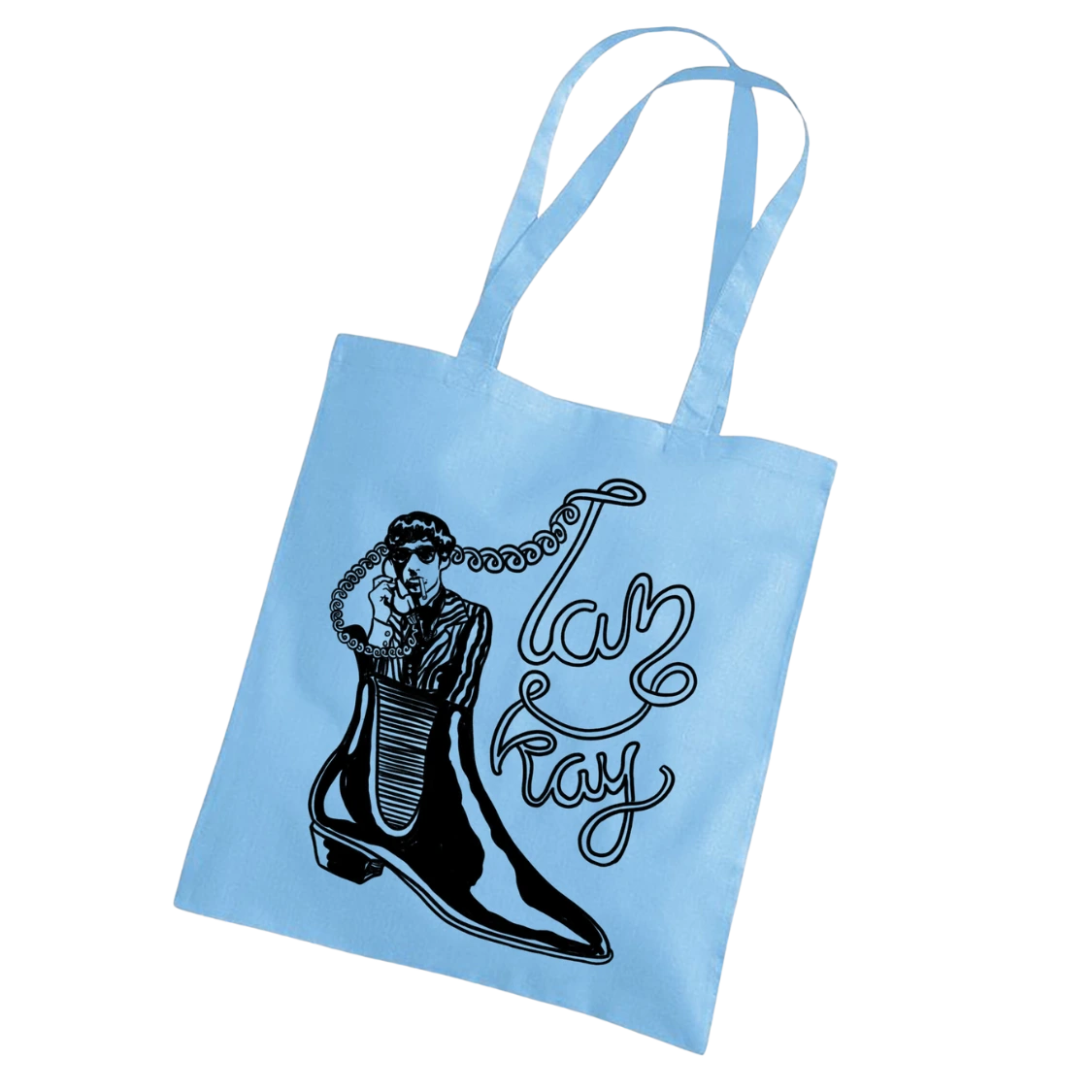 Light blue tote bag with black graphic and text on a white background