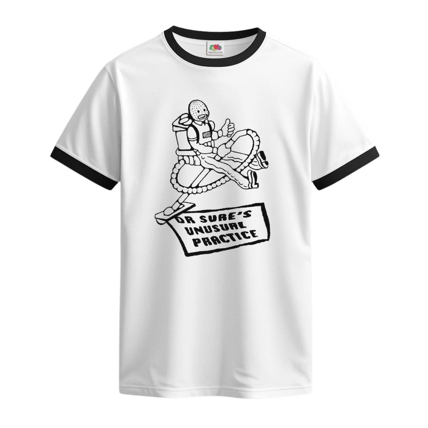 dr sure's unusual practices white and black ringer t-shirt