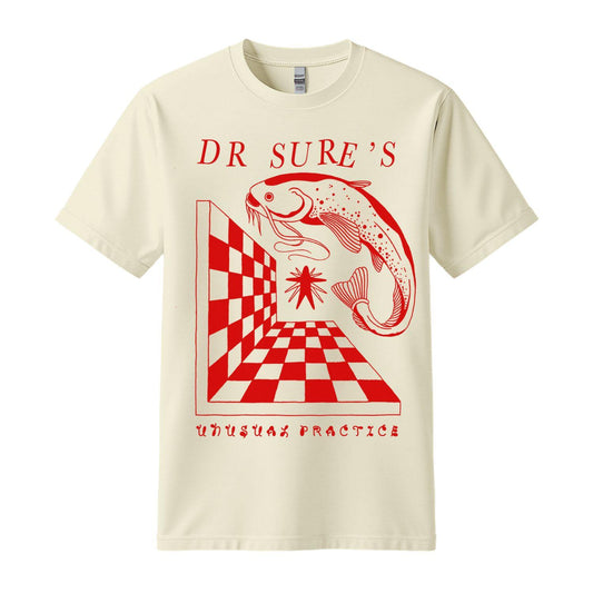 dr sure's unusual practices beige t-shirt red fish design