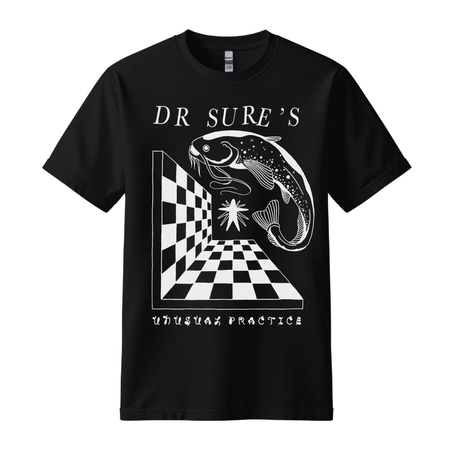 dr sure's unusual practices black t-shirt white fish design