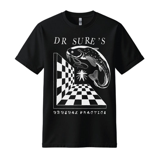 dr sure's unusual practices black t-shirt white fish design