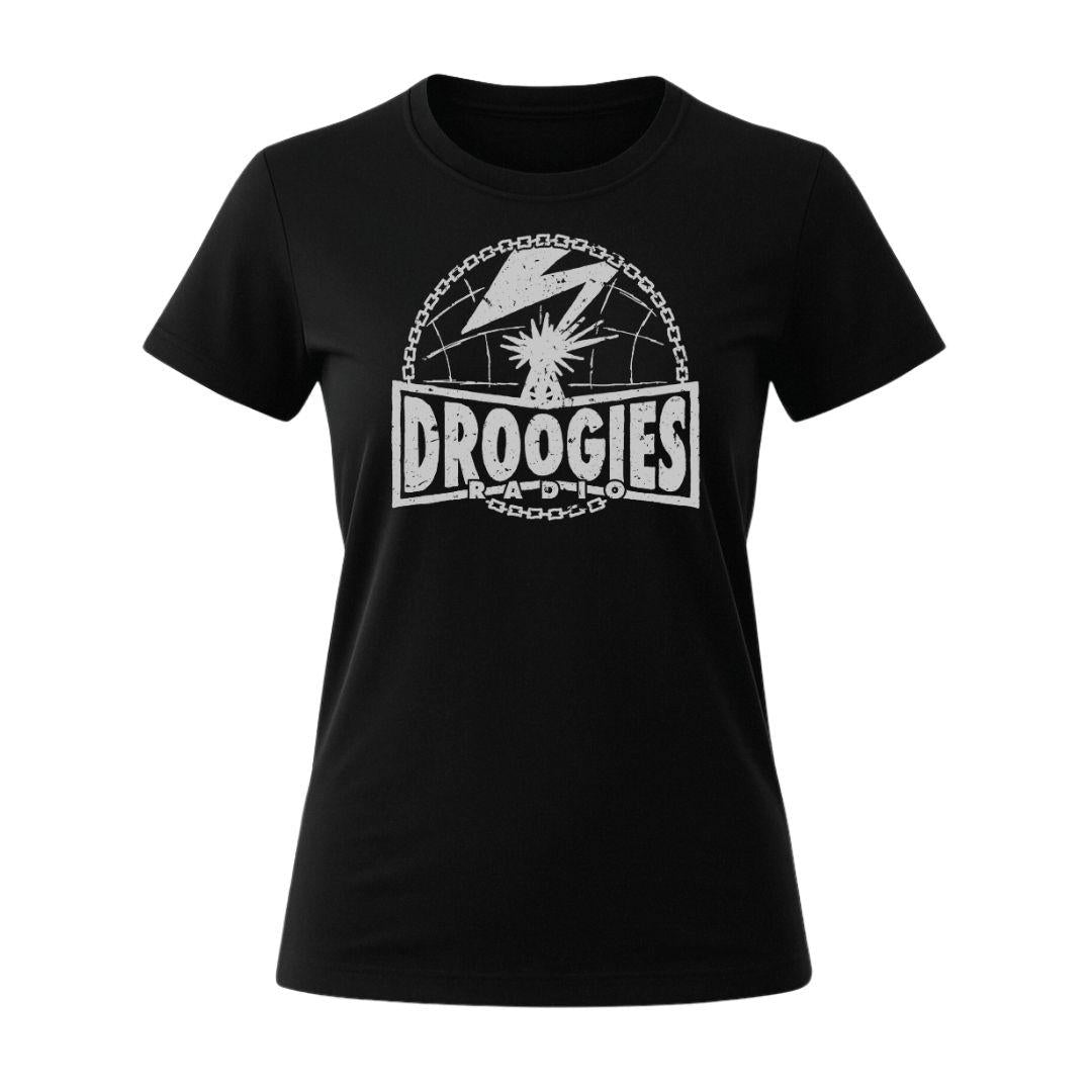 Droogies radio women's t-shirt black grey