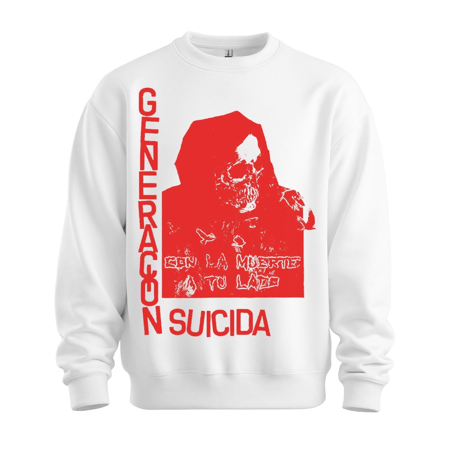 generacion suicida white and red sweatshirt con la muerte a tu lado