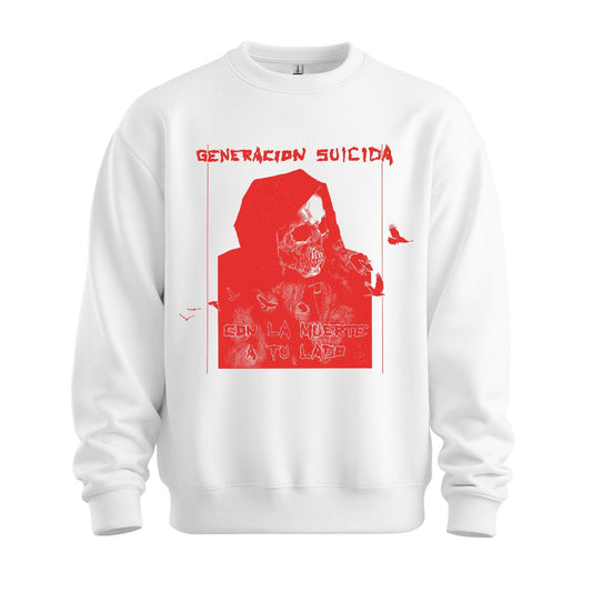 generacion suicida white and red sweatshirt skull design