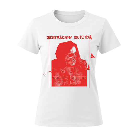 generacion suicida white and red t-shirt women skull 