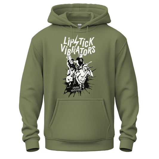 Green hoodie with 'Lipstick Vibrators' graphic design on a white background