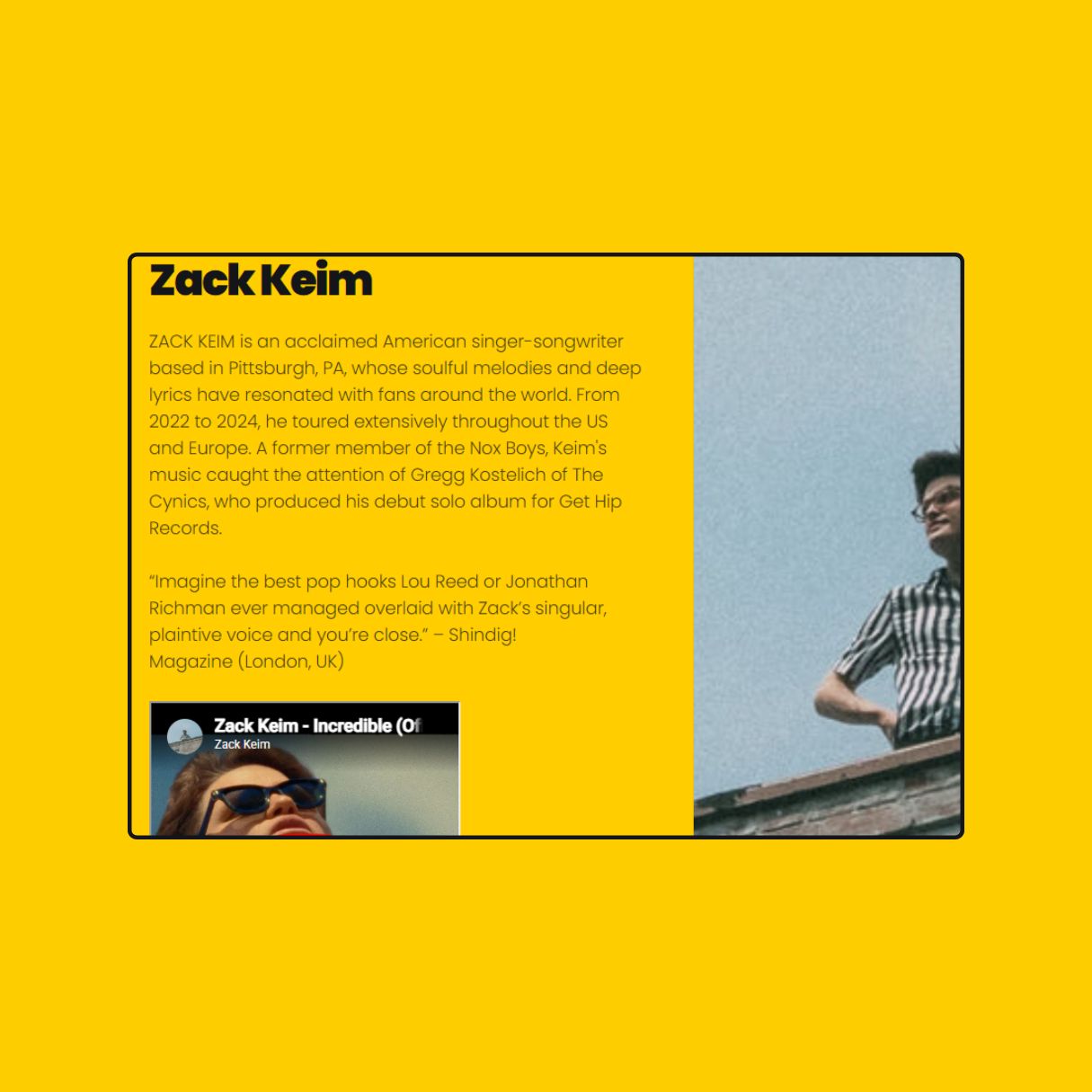 Album cover with text about Zack Keim and a photo of a person on a yellow background