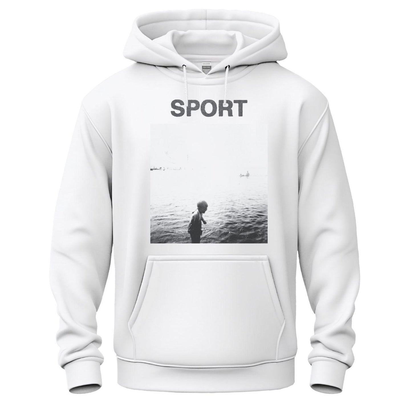 sport white hoodie kid on the beach