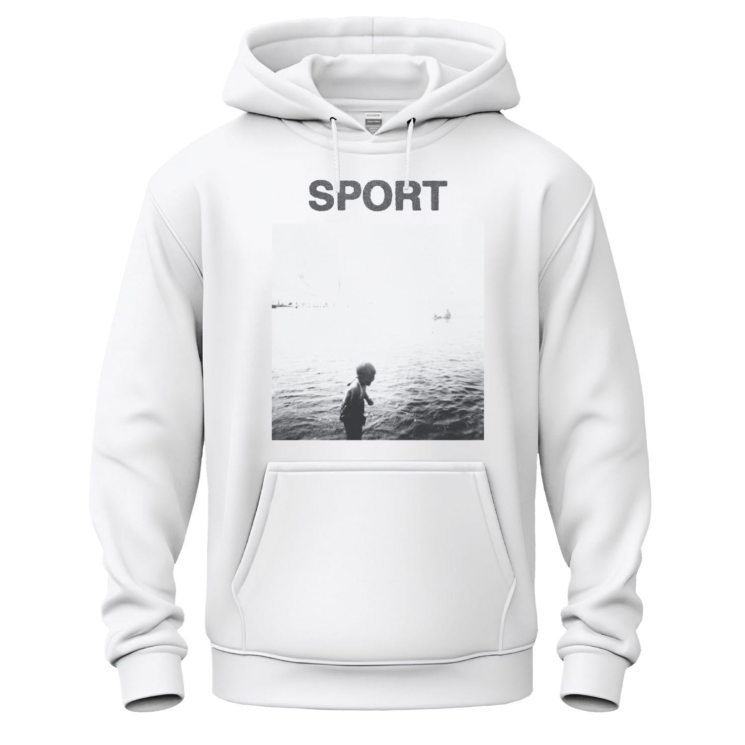sport white hoodie kid on the beach