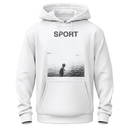 sport white hoodie kid on the beach