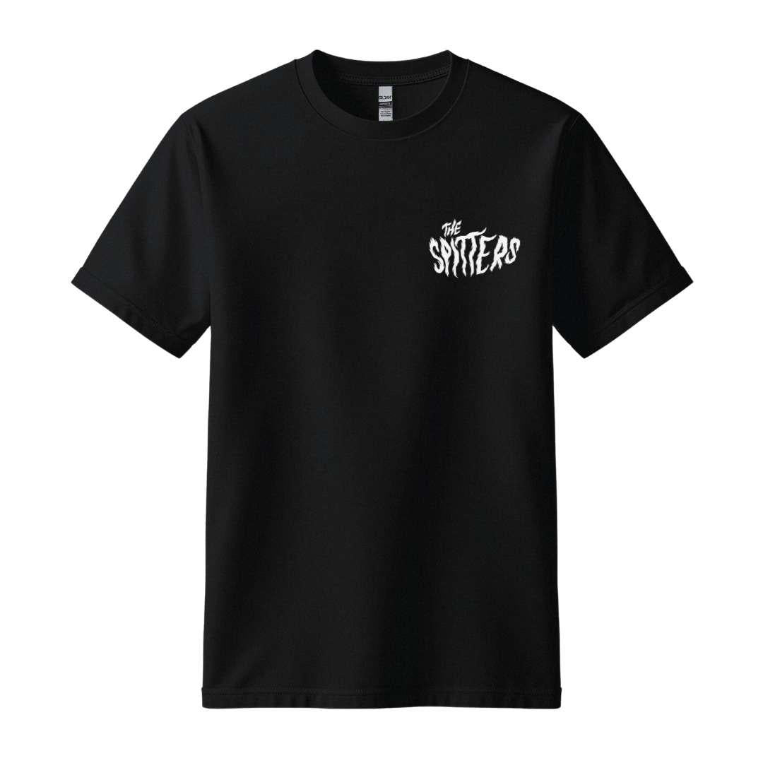 the spitters cat black t-shirt front back