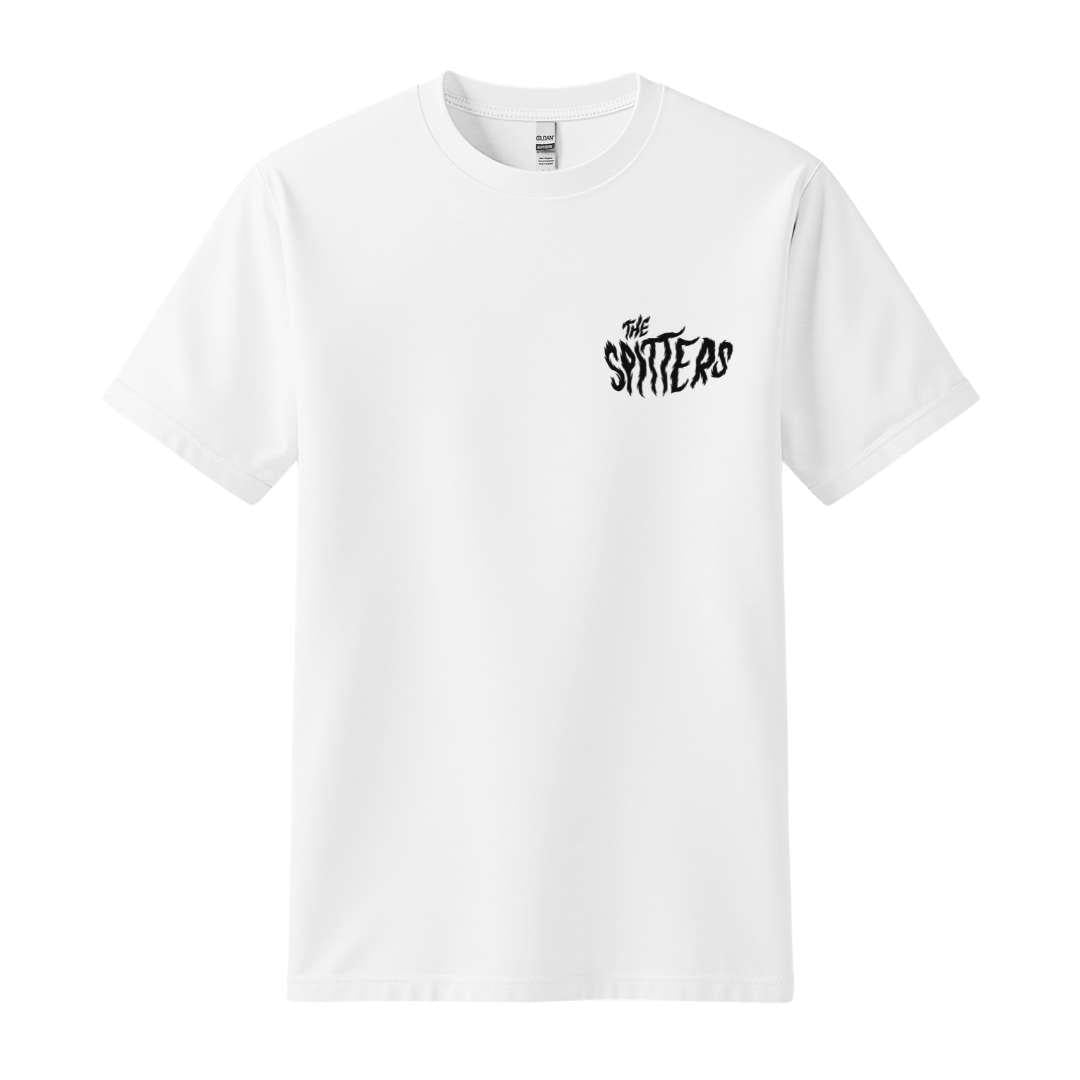 the spitters cat white t-shirt front back