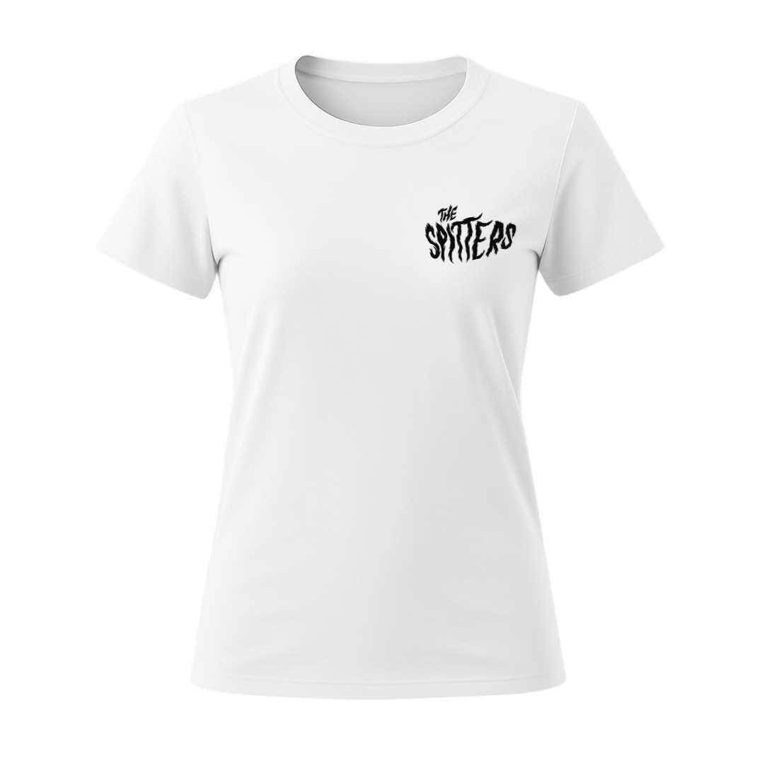 the spitters cat women white t-shirt front back
