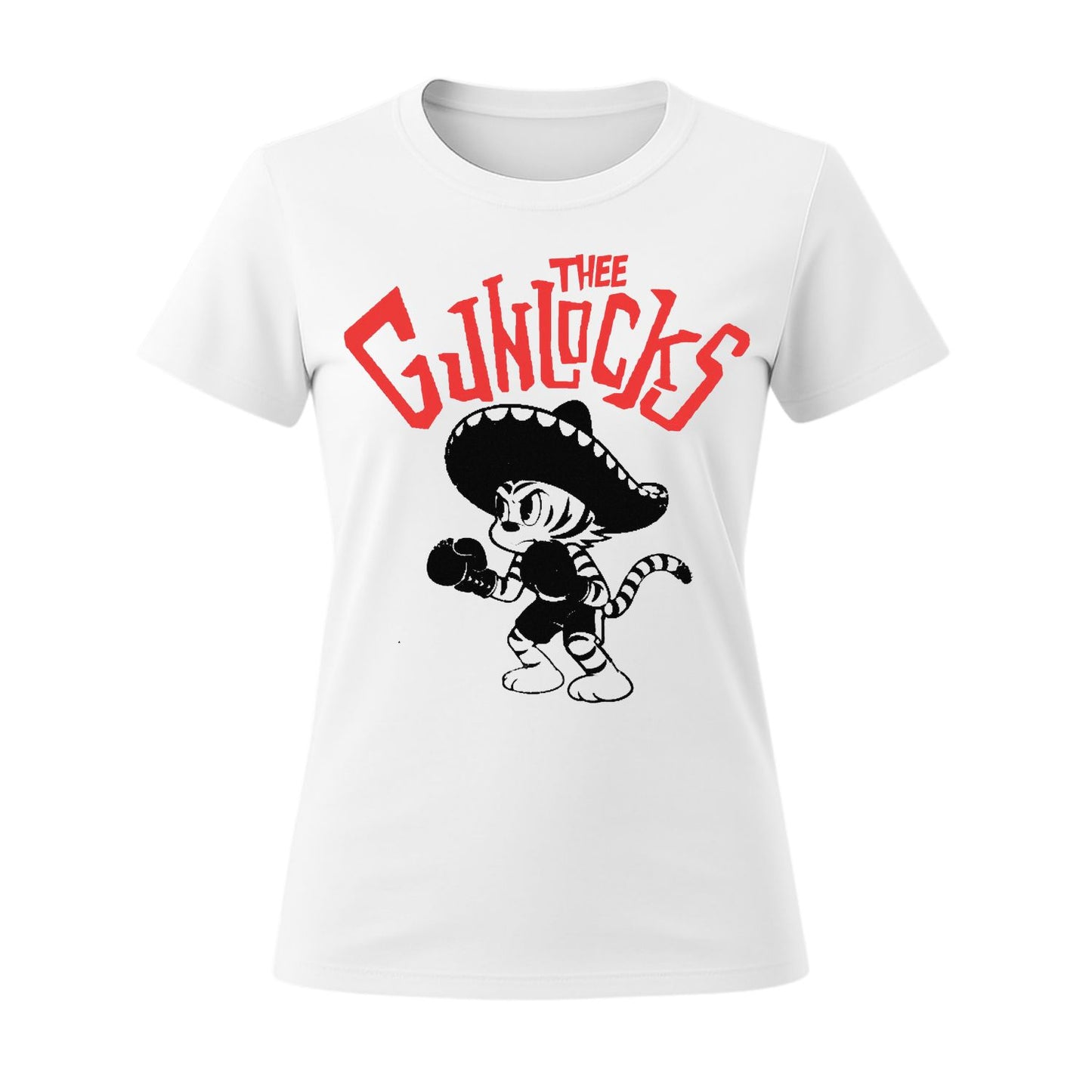 White t-shirt with cartoon character and 'The Gunlocks' text on a white background