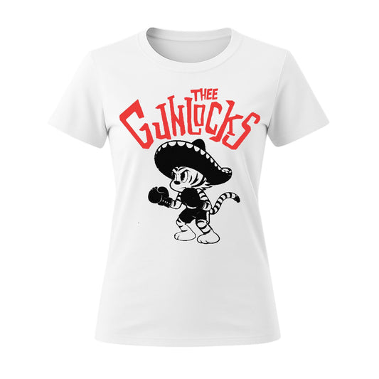 White t-shirt with cartoon character and 'The Gunlocks' text on a white background