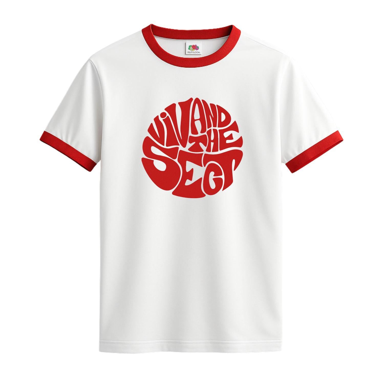 viv and the sect white and red ringer t-shirt
